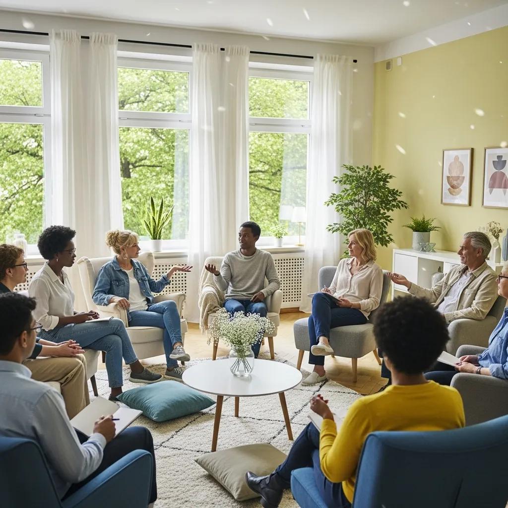Group of diverse individuals participating in an emotional wellness workshop, fostering community and support