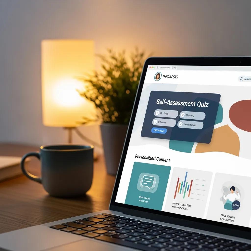 Laptop displaying interactive features of a therapist website, highlighting strategies for user engagement
