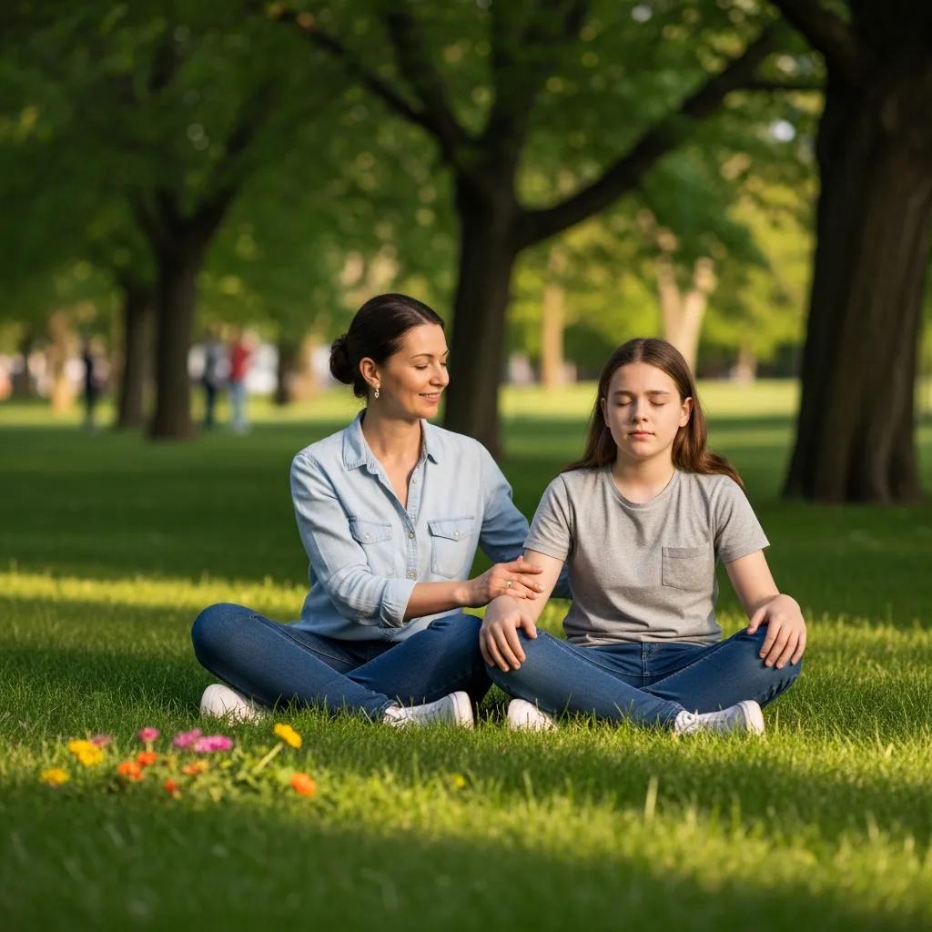 Parent and teen practicing mindfulness in a park to reduce anxiety