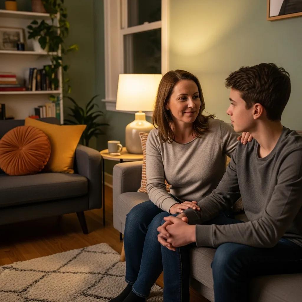 Parent and teenager discussing anxiety therapy in a cozy living room