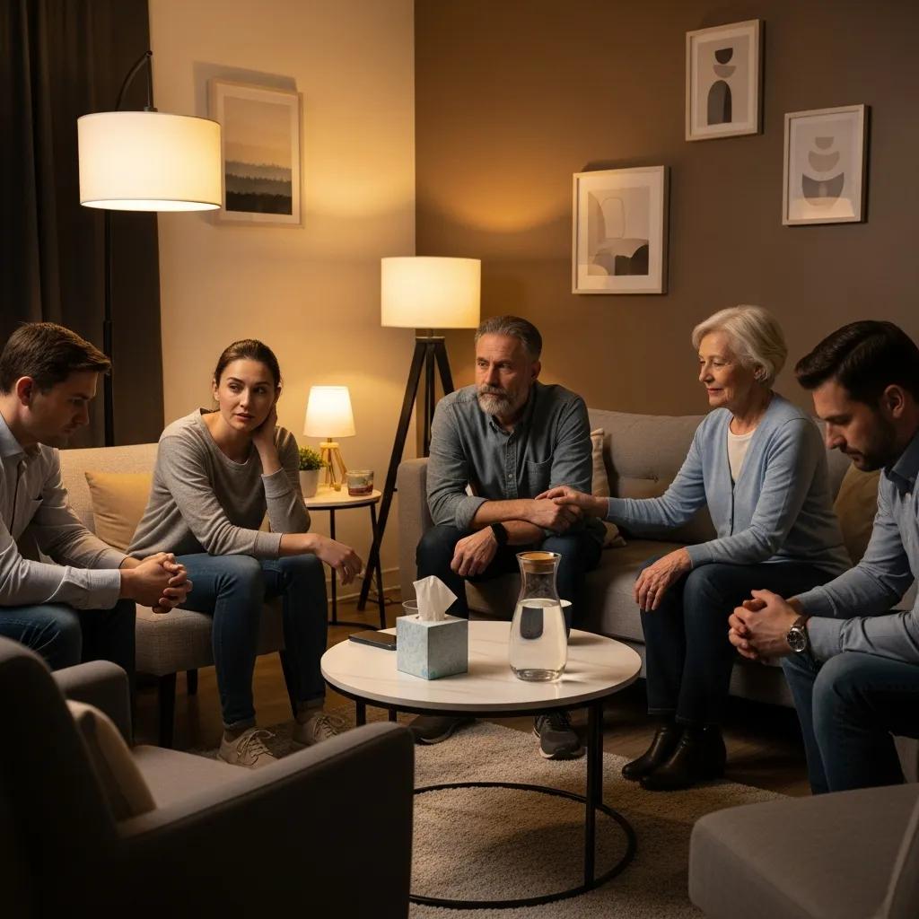 Participants in a group therapy session sharing experiences in a supportive environment