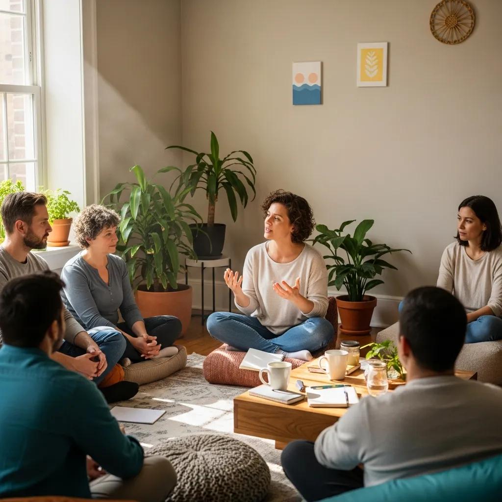 Participants in a peer-led support group sharing experiences in a warm, inviting environment