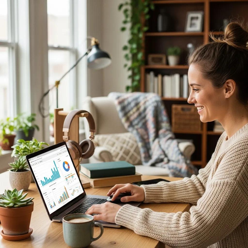 Person analyzing SEO metrics in a cozy home office setting