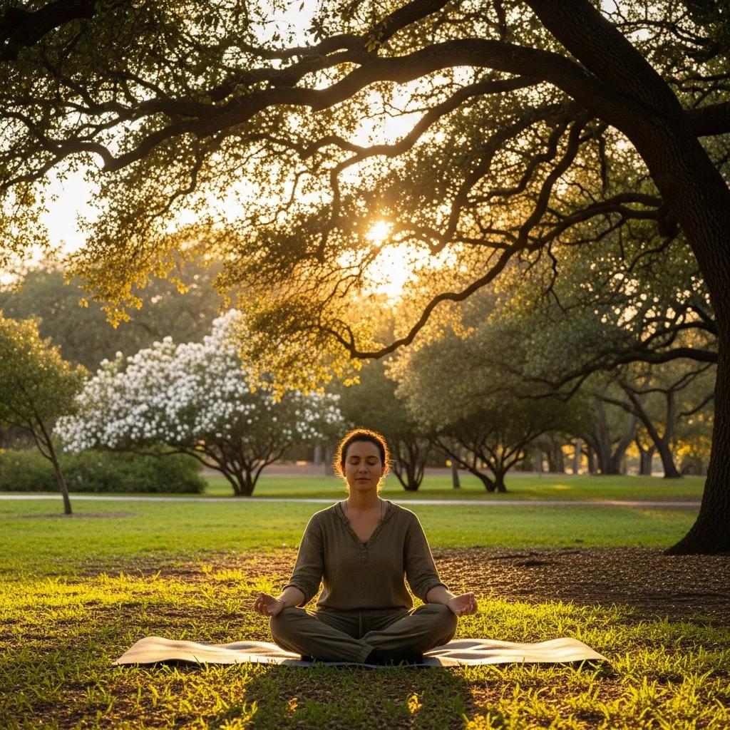 Person meditating in a serene park, illustrating mindfulness techniques for anxiety reduction