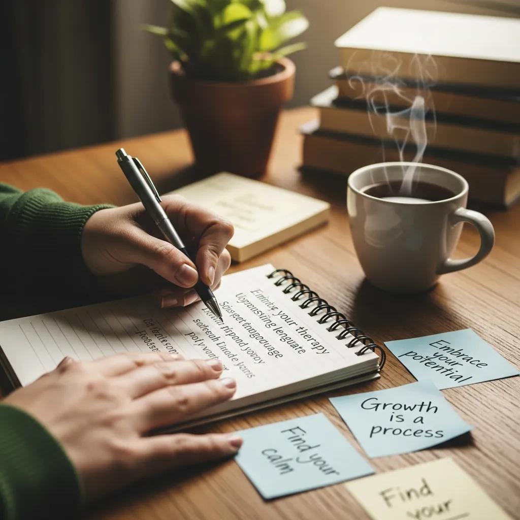 Person writing notes with inspirational quotes and a cup of tea