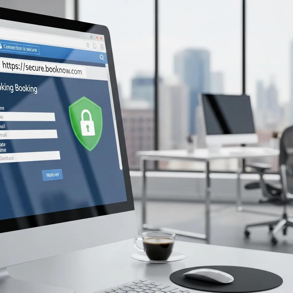 Secure online booking system on computer screen, emphasizing data protection and client privacy