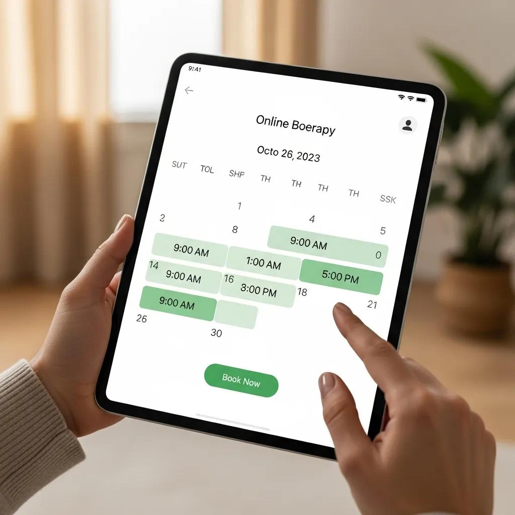 Tablet displaying a user-friendly booking system for therapist websites, illustrating the optimization of client conversions