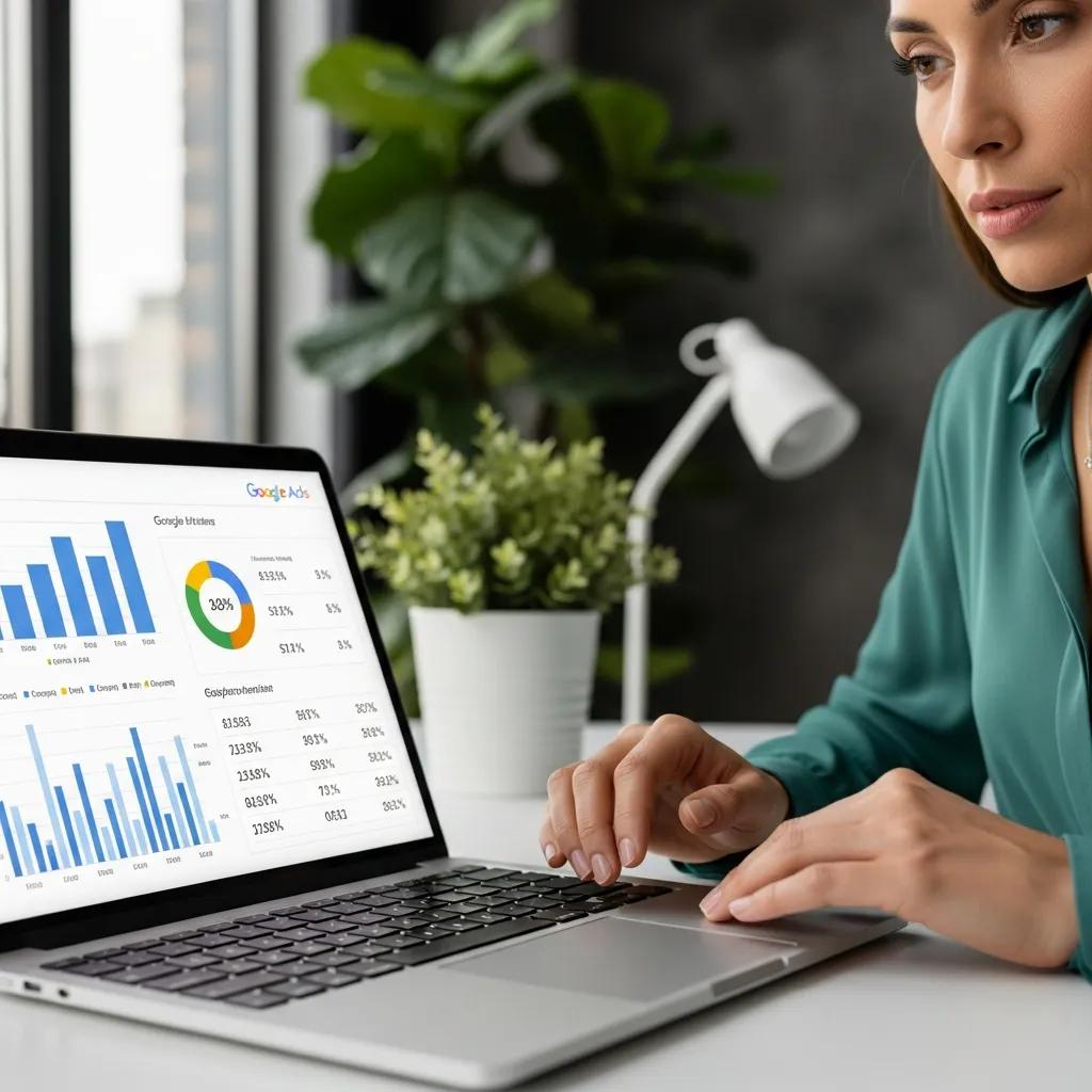 Therapist analyzing Google Ads data on a laptop in a modern office setting