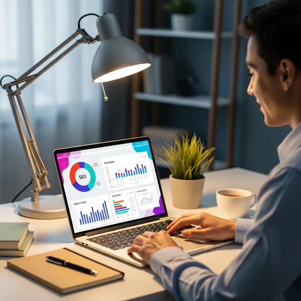 Therapist analyzing website SEO metrics on a laptop in a professional workspace