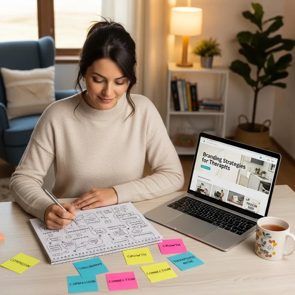 Therapist brainstorming branding strategies with notes and a laptop in a creative workspace
