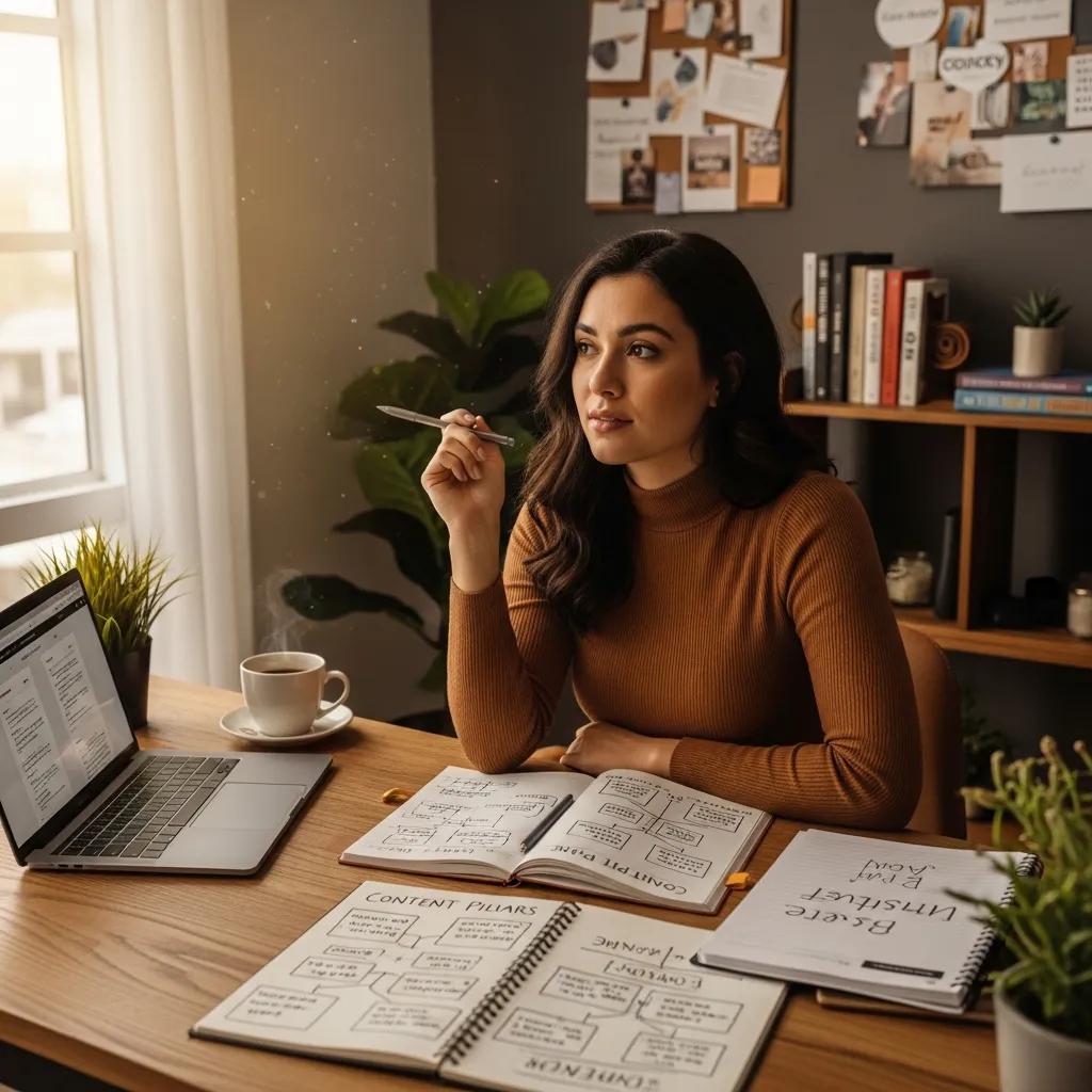 Therapist brainstorming content ideas for blogging strategy, surrounded by notebooks and a laptop