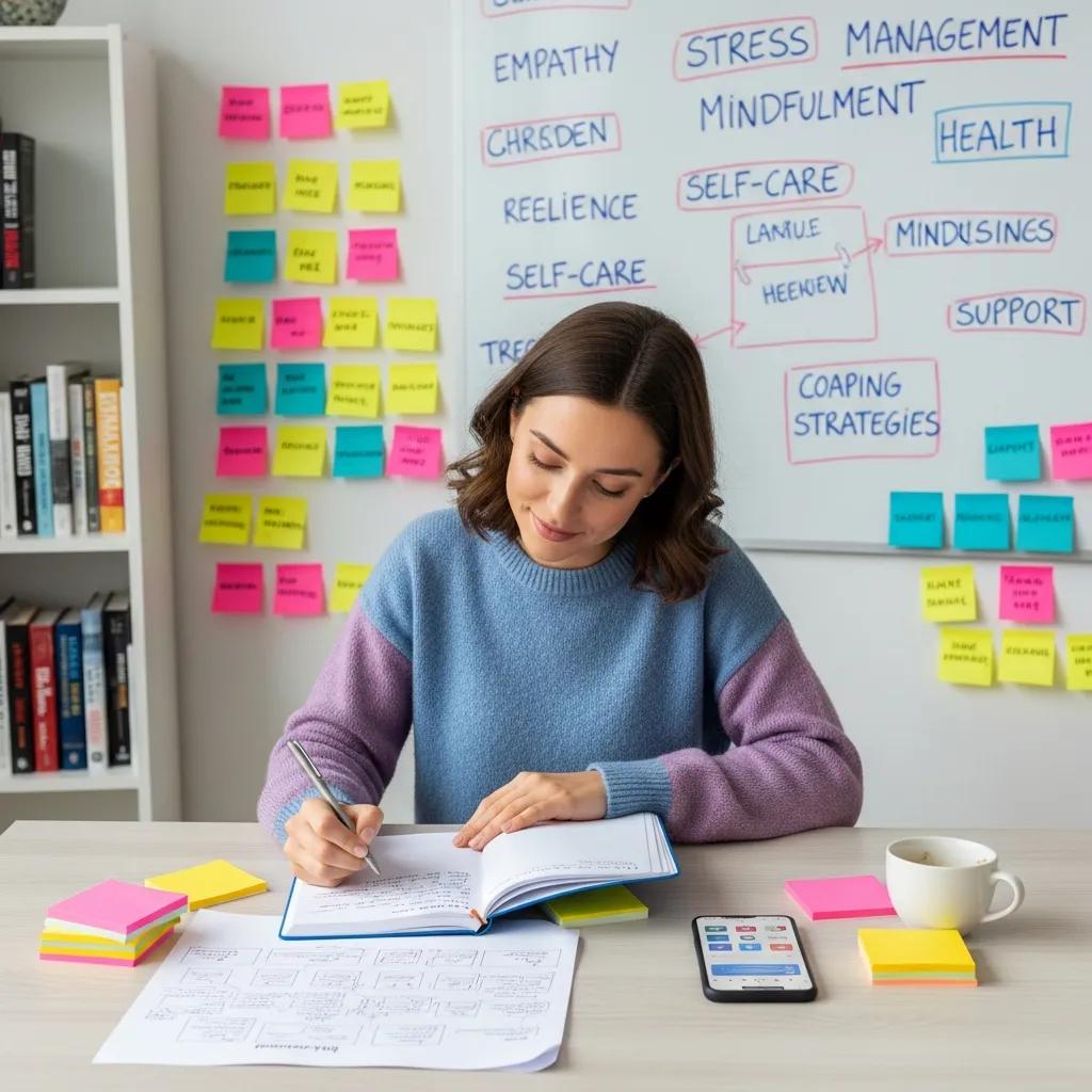Therapist brainstorming content ideas for social media, surrounded by colorful notes and a creative workspace