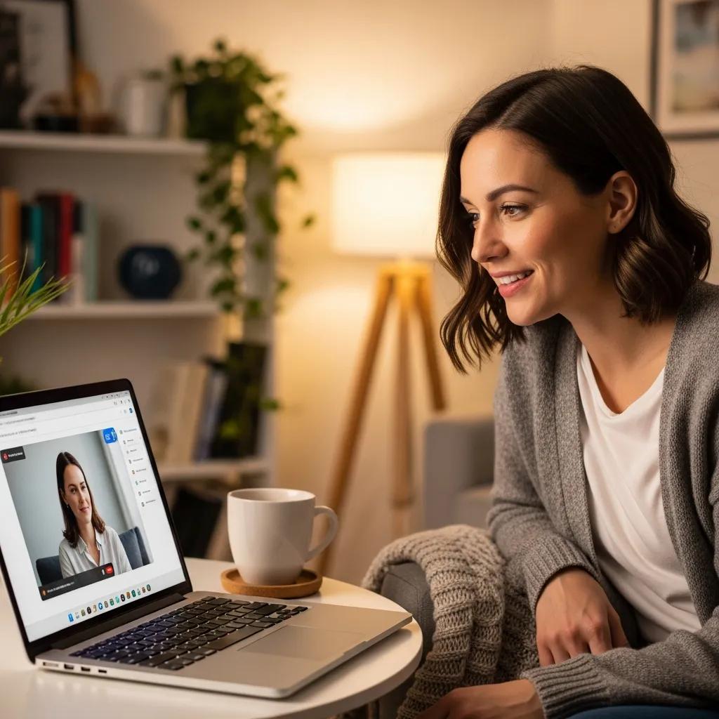 Therapist conducting a telehealth session on a laptop, highlighting secure messaging for client communication