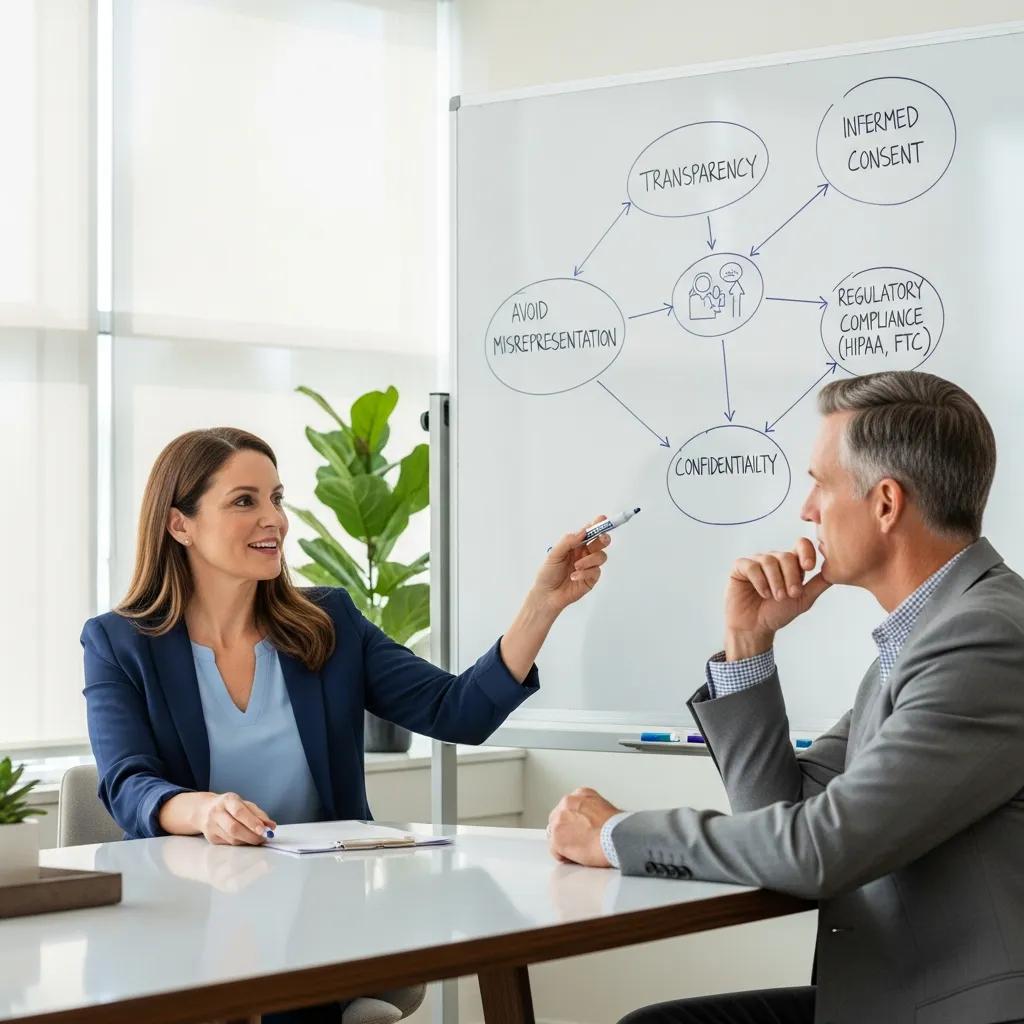 Therapist discussing ethical advertising practices with a colleague in a professional setting