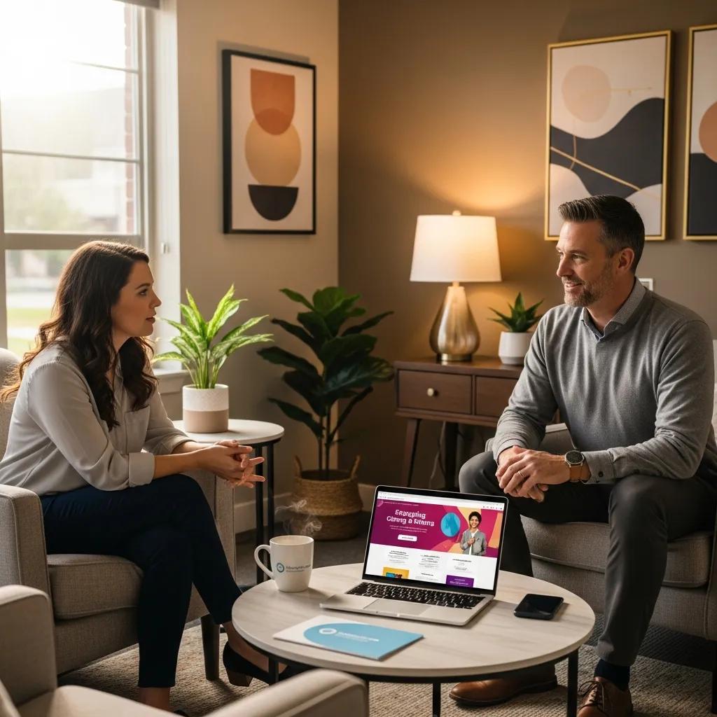 Therapist engaging with a client in a cozy office, representing the benefits of email marketing for client engagement