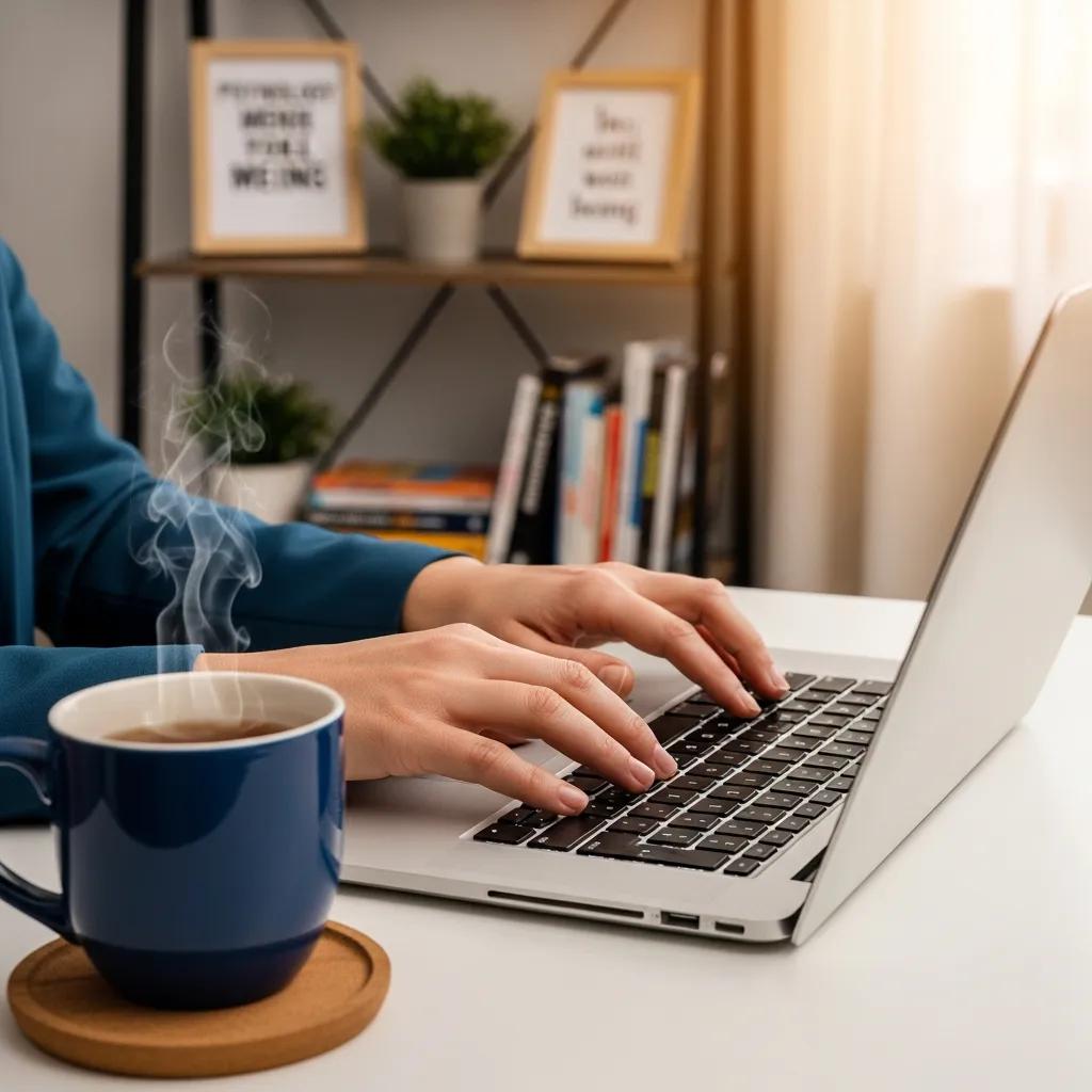 Therapist engaging with clients through a laptop in a cozy office setting, highlighting user engagement