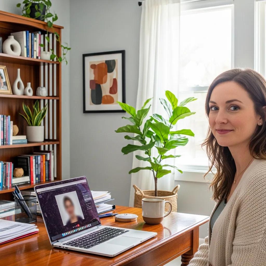 Therapist in a home office conducting a secure telehealth session