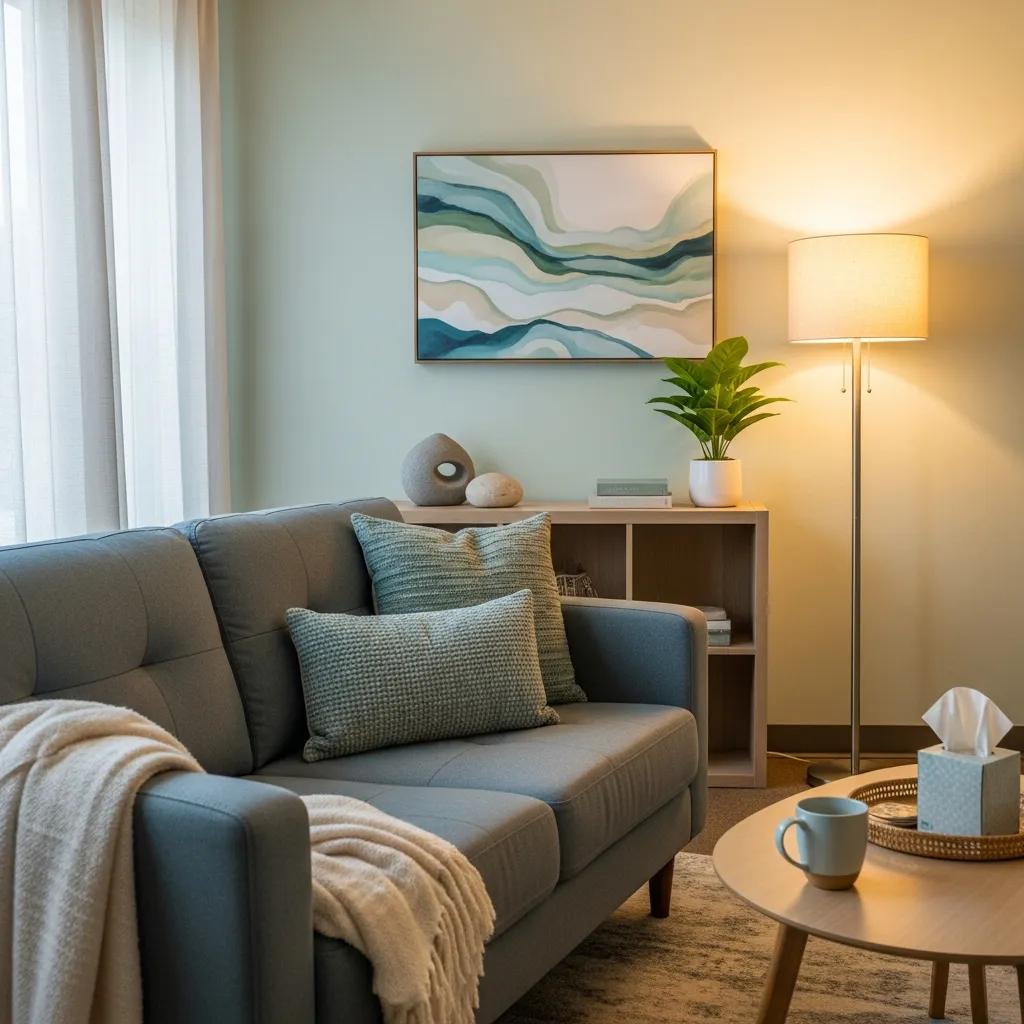 Therapist office interior featuring calming decor, inviting atmosphere, gray sofa with decorative pillows, soft lighting, and a potted plant, ideal for therapy sessions.