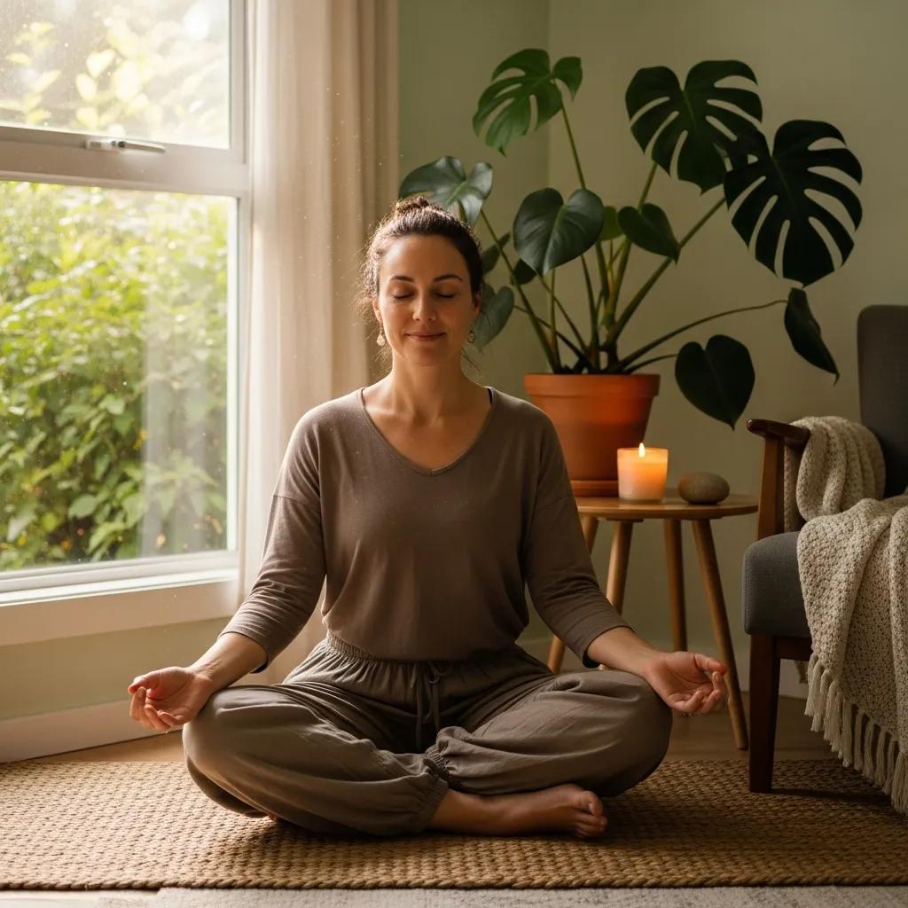 Therapist practicing mindfulness on a yoga mat in a serene environment, highlighting self-care for burnout management