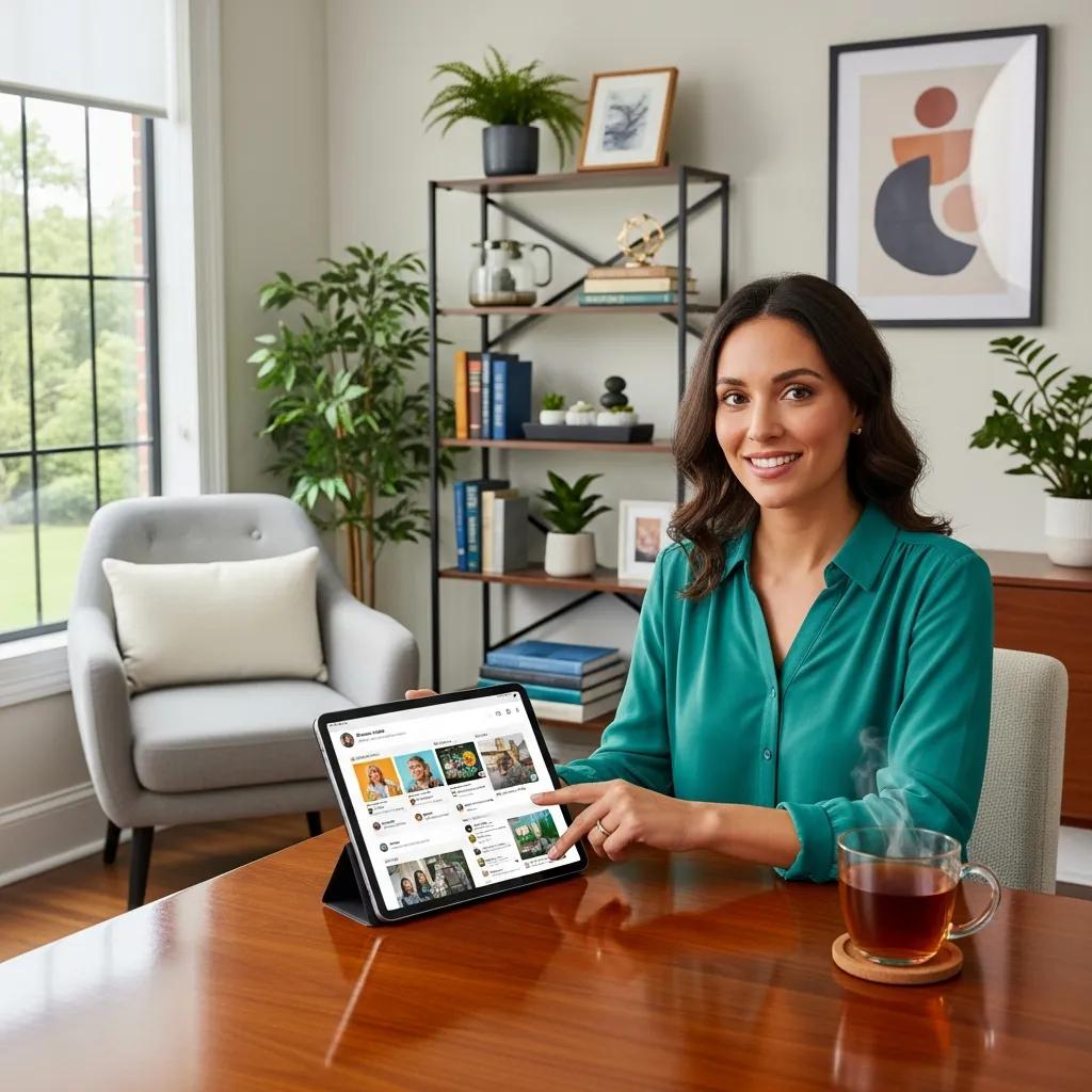 Therapist using a tablet for social media engagement in a welcoming office