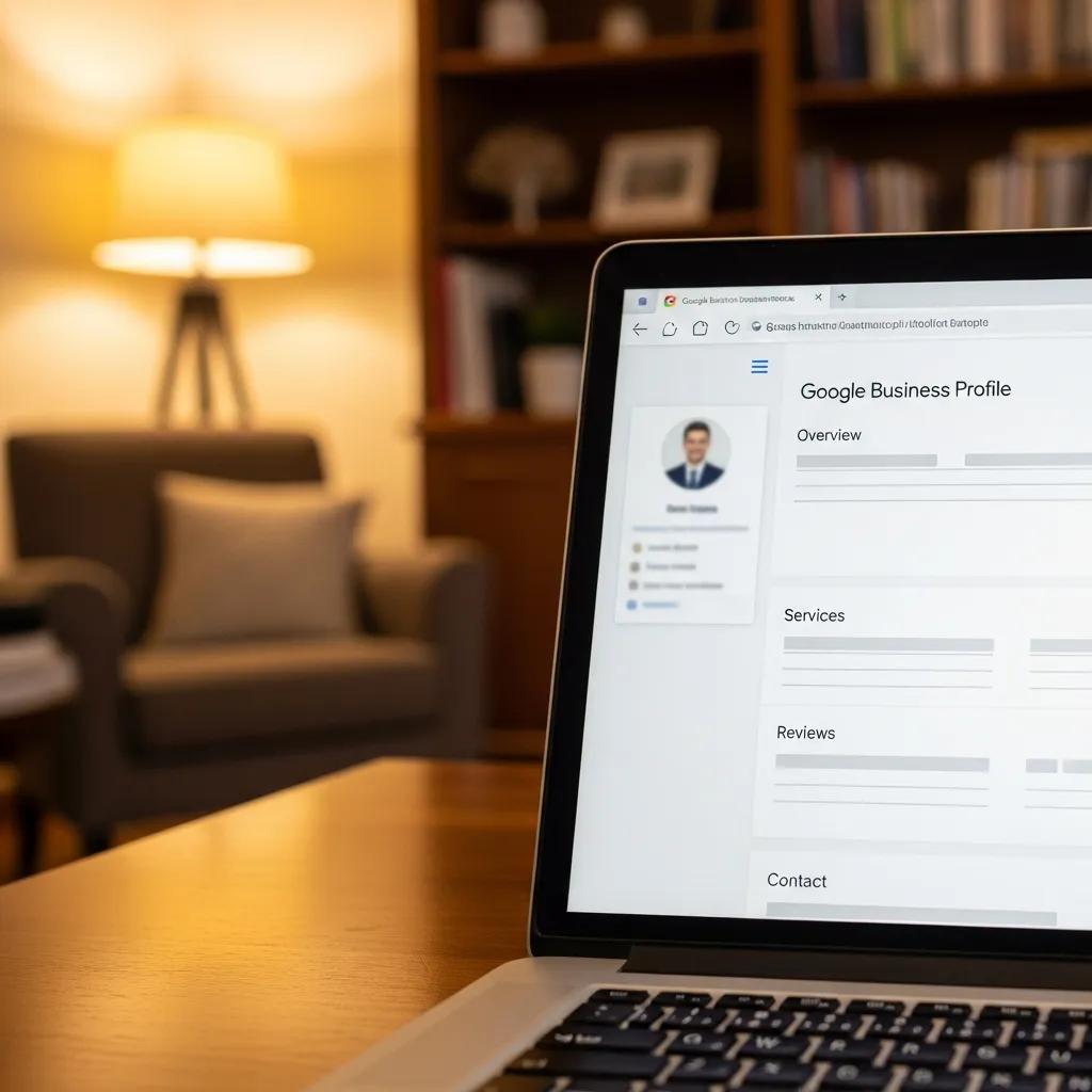 Therapist's Google Business Profile displayed on a laptop in a cozy office
