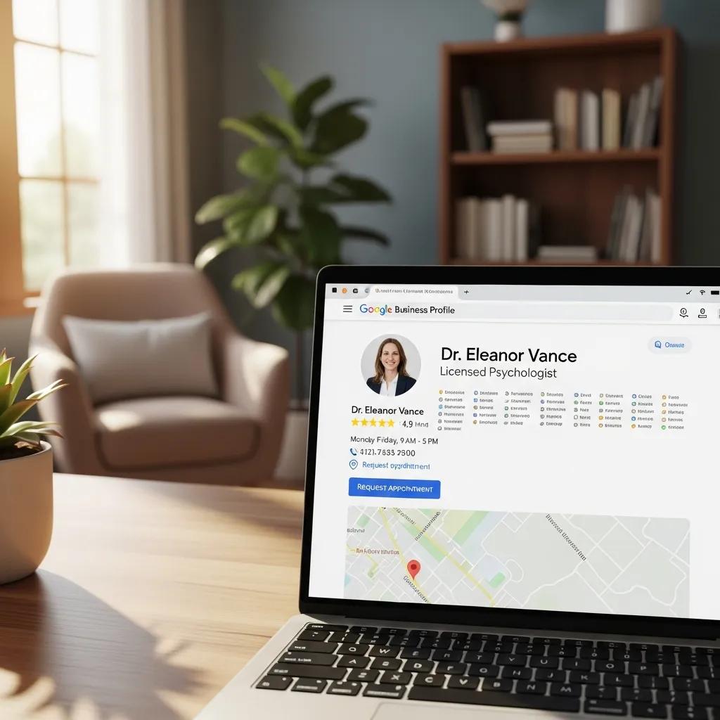 Therapist's Google Business Profile on a laptop in a cozy office setting