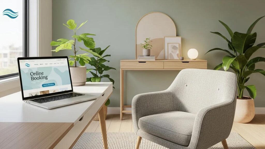 Therapist's office with a laptop displaying a well-designed therapy website