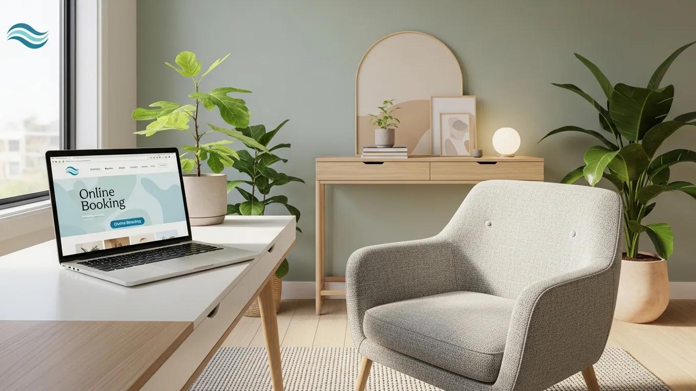 Therapist's office with a laptop displaying a well-designed therapy website
