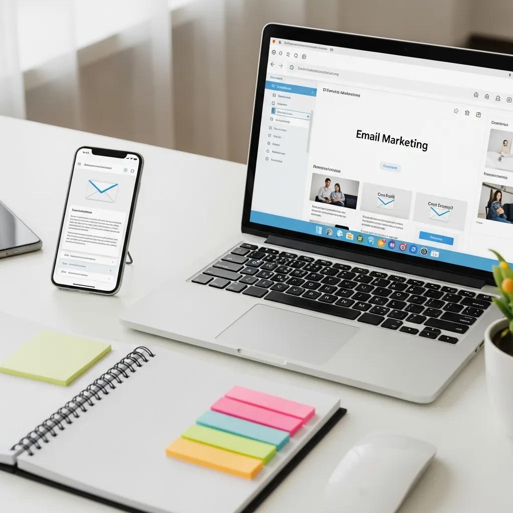 Various email marketing tools including a laptop and smartphone, illustrating the tools available for therapists in email marketing