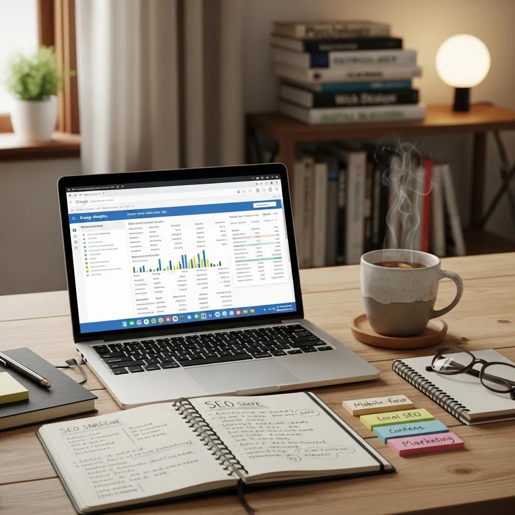 Workspace with laptop displaying website analytics, symbolizing SEO strategies for therapists