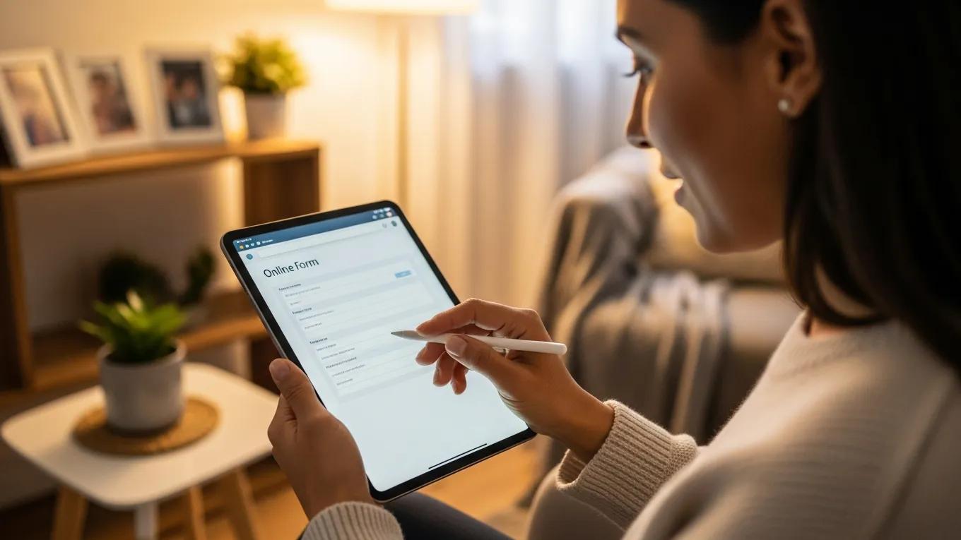 Client filling out forms on a tablet at home, illustrating the ease of online onboarding