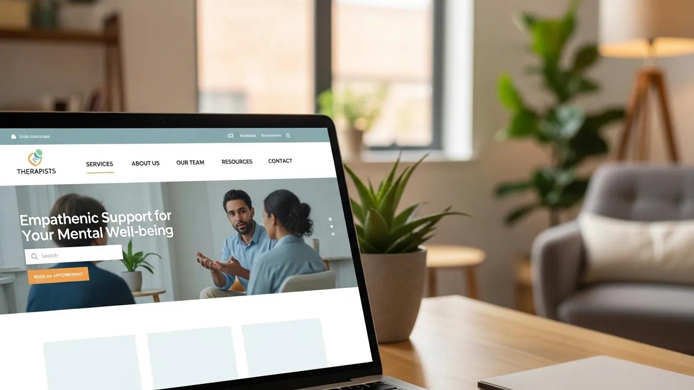 Close-up of a user-friendly website interface on a laptop, illustrating best practices for therapy website design