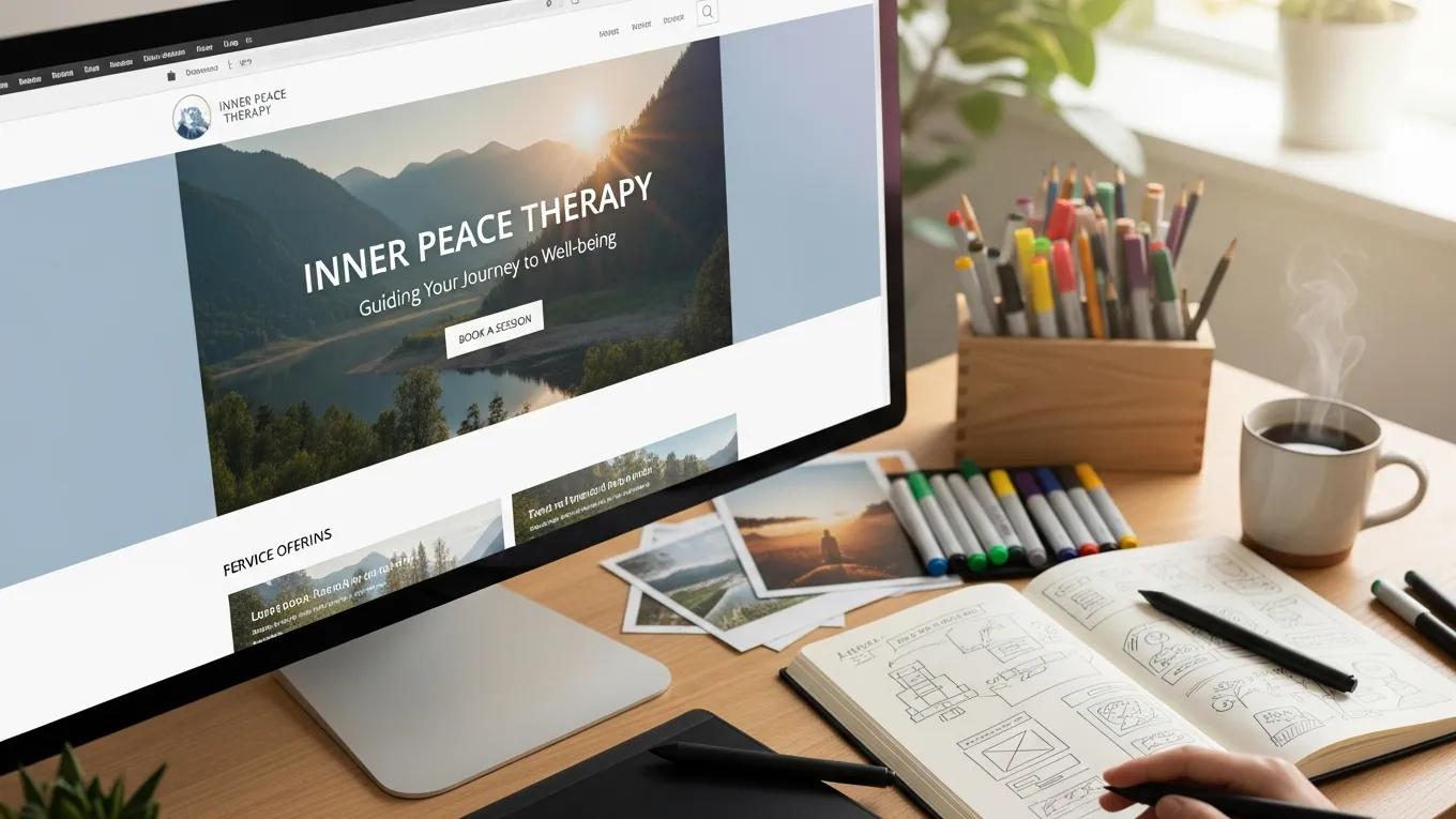 Computer screen showing a therapy website design in progress, highlighting the website building phase