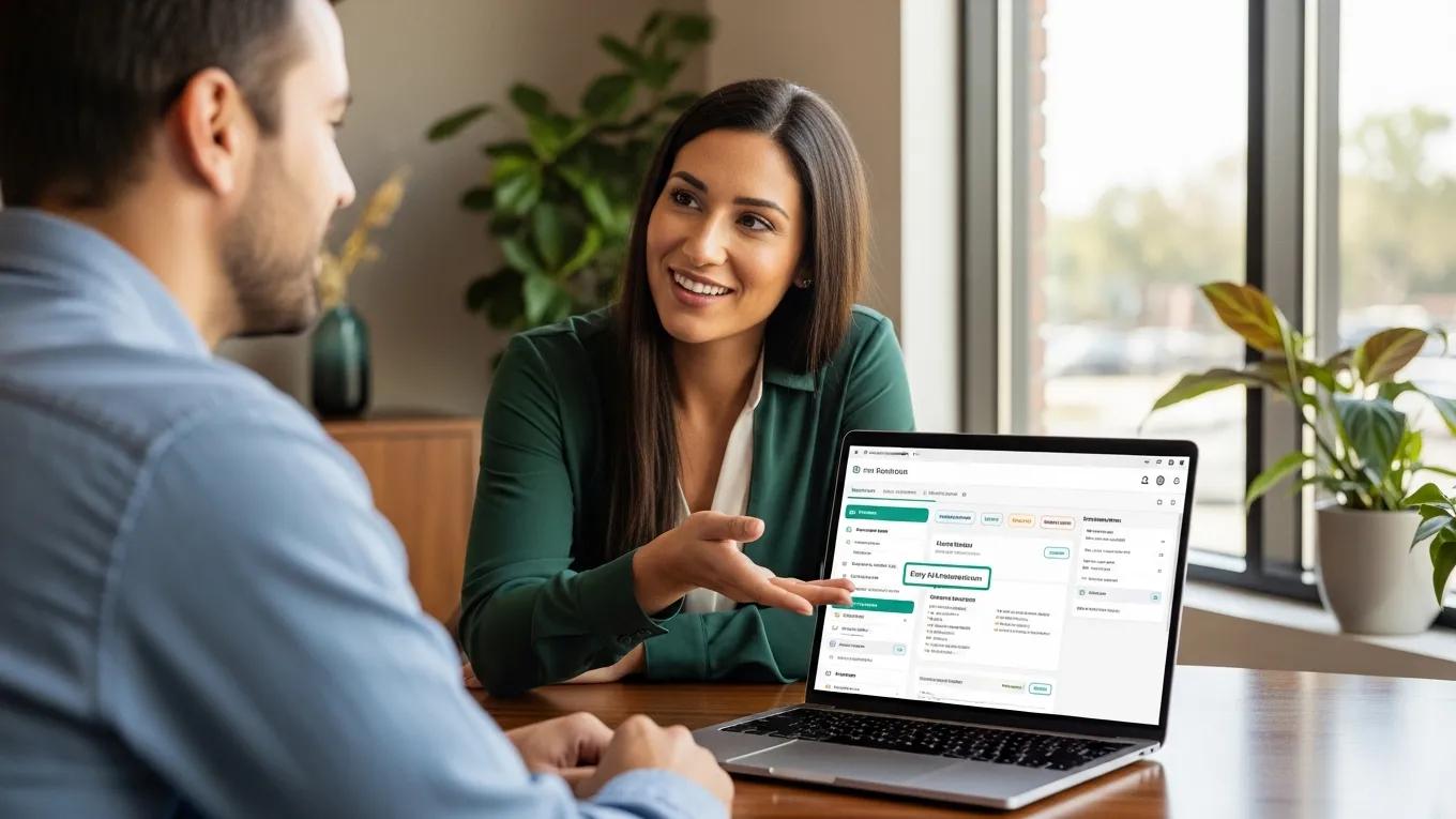 Counselor and client discussing EHR features in a modern office setting