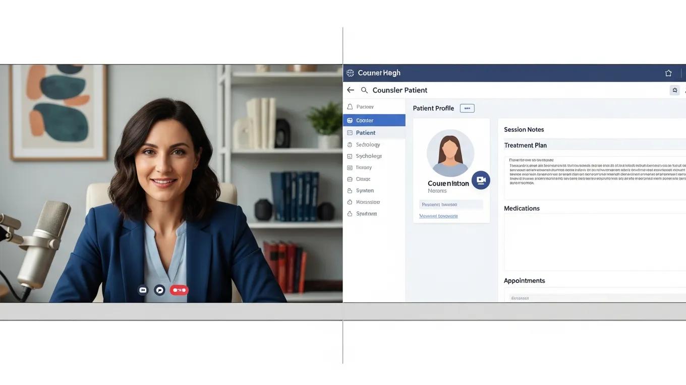 Counselor conducting a telehealth session with EHR interface displayed