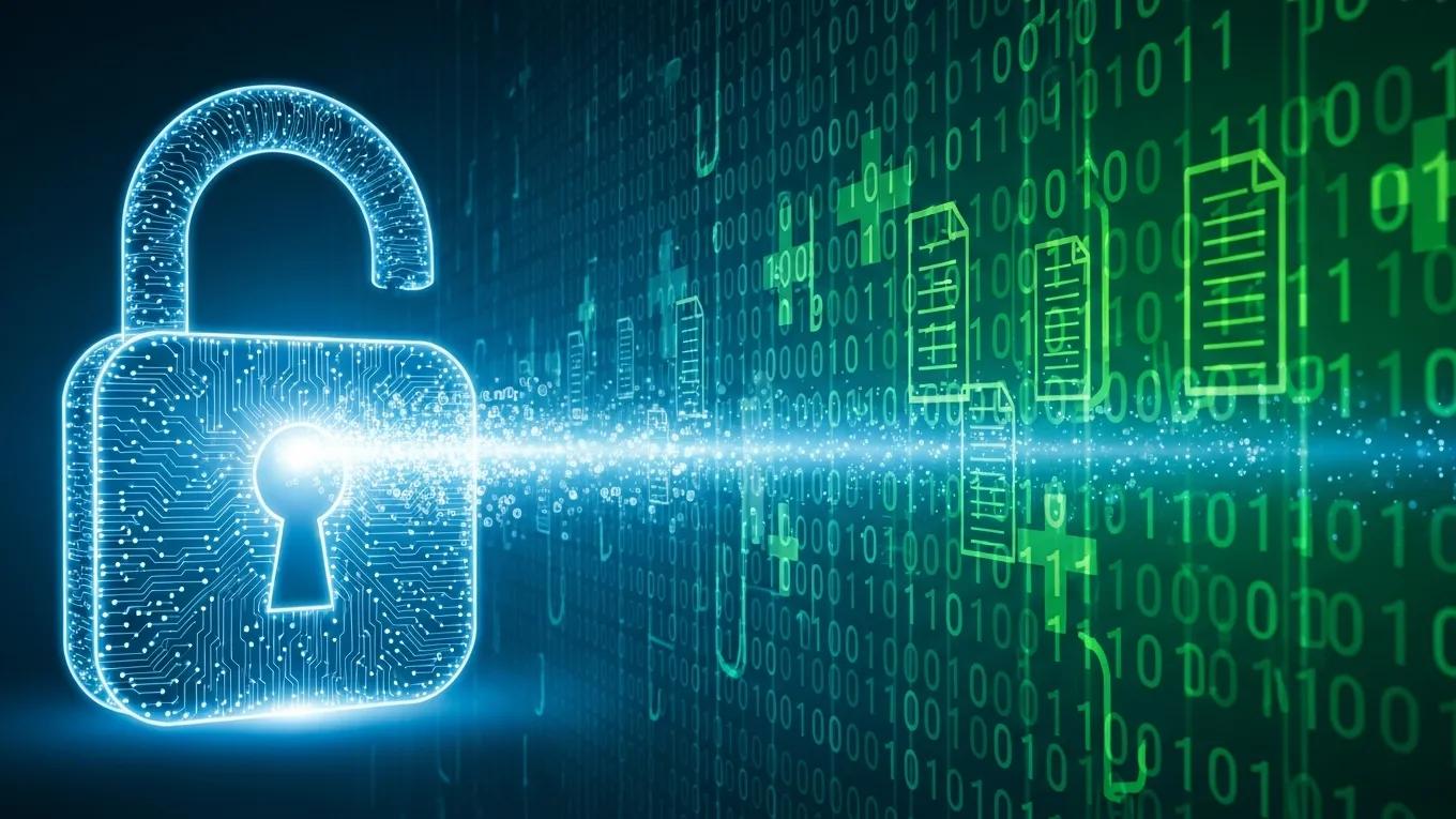 Digital lock and binary code representing data security risks in EHR systems for therapists