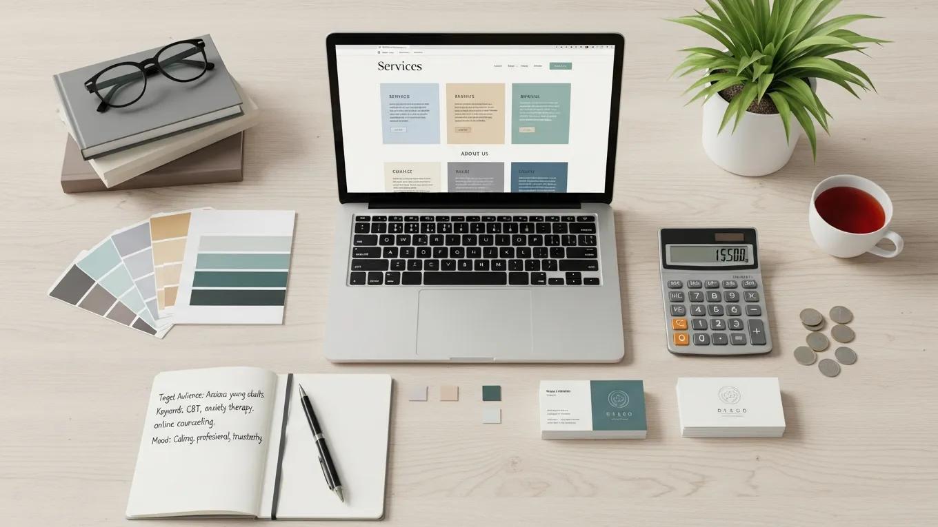 Flat lay of website design elements and budgeting tools for therapists