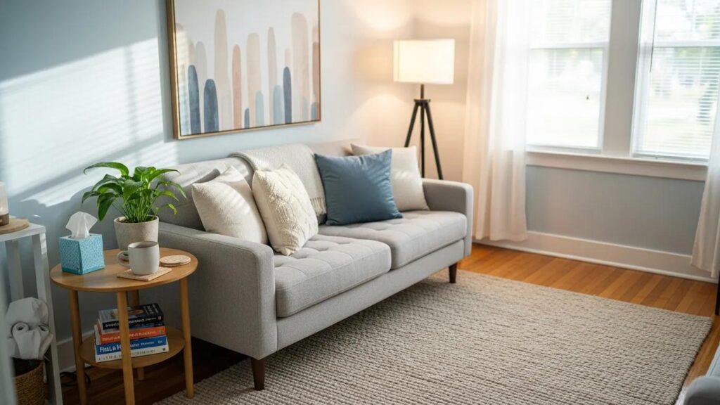 Inviting therapy office with comfortable seating and calming decor for client acquisition
