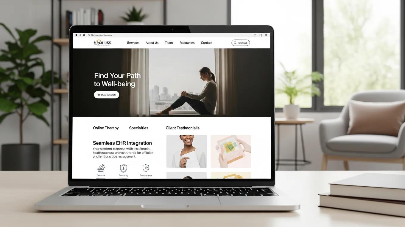 Laptop displaying a therapist's website with user-friendly design, illustrating the impact of web design on EHR adoption
