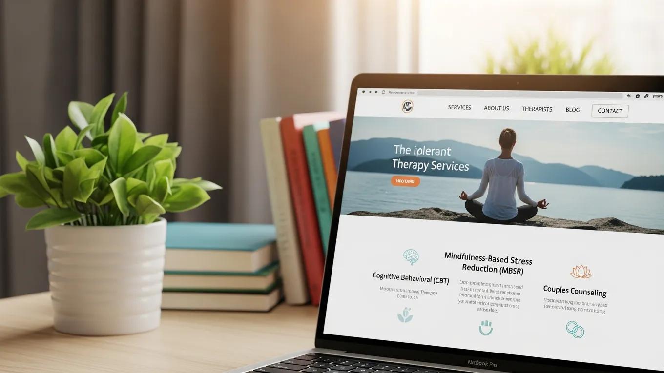 Laptop displaying a therapy website, emphasizing effective SEO strategies for client engagement