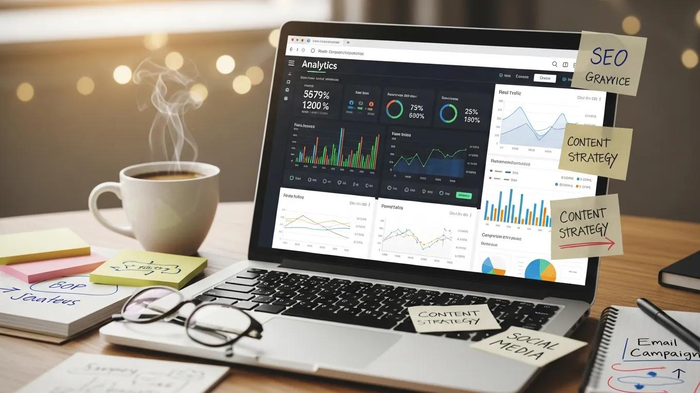 Laptop with website analytics dashboard, symbolizing productivity in maintaining online presence