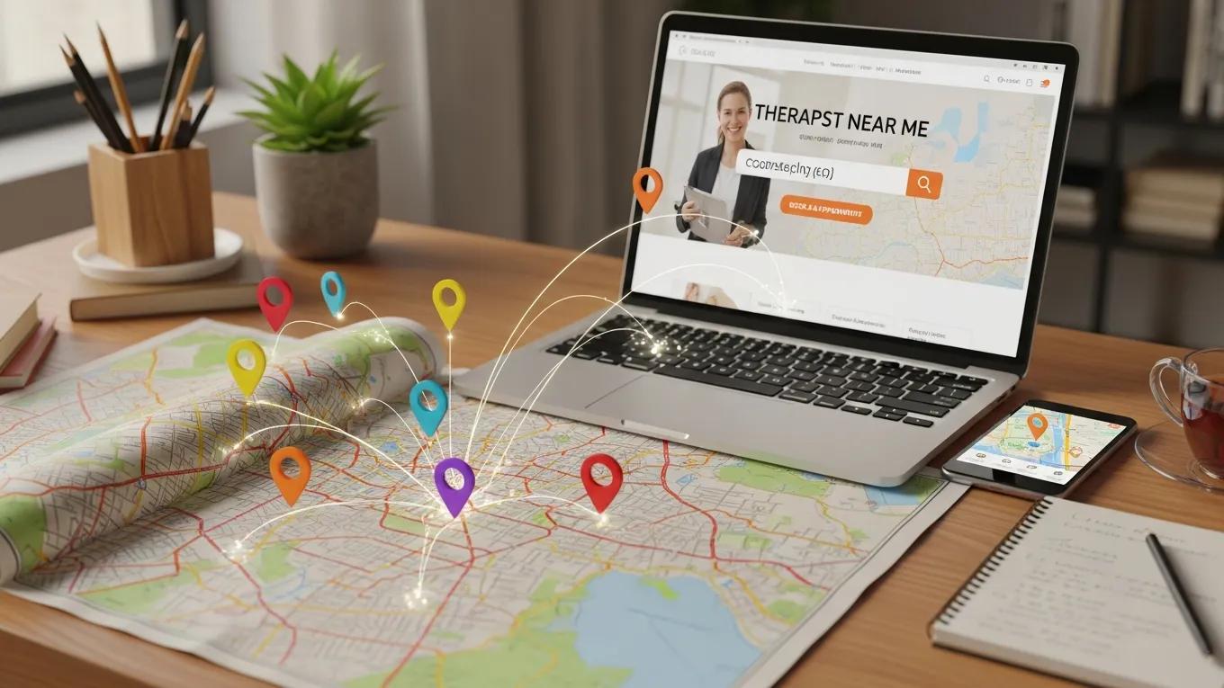 Map with location pins and laptop showing therapist website, illustrating local SEO for client attraction