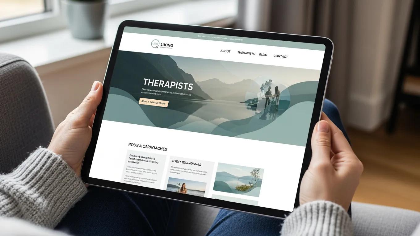 Modern therapist website on a tablet, illustrating effective design for mental health professionals