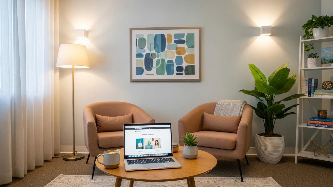Modern therapy office with calming decor and a laptop, emphasizing the importance of online presence for therapists