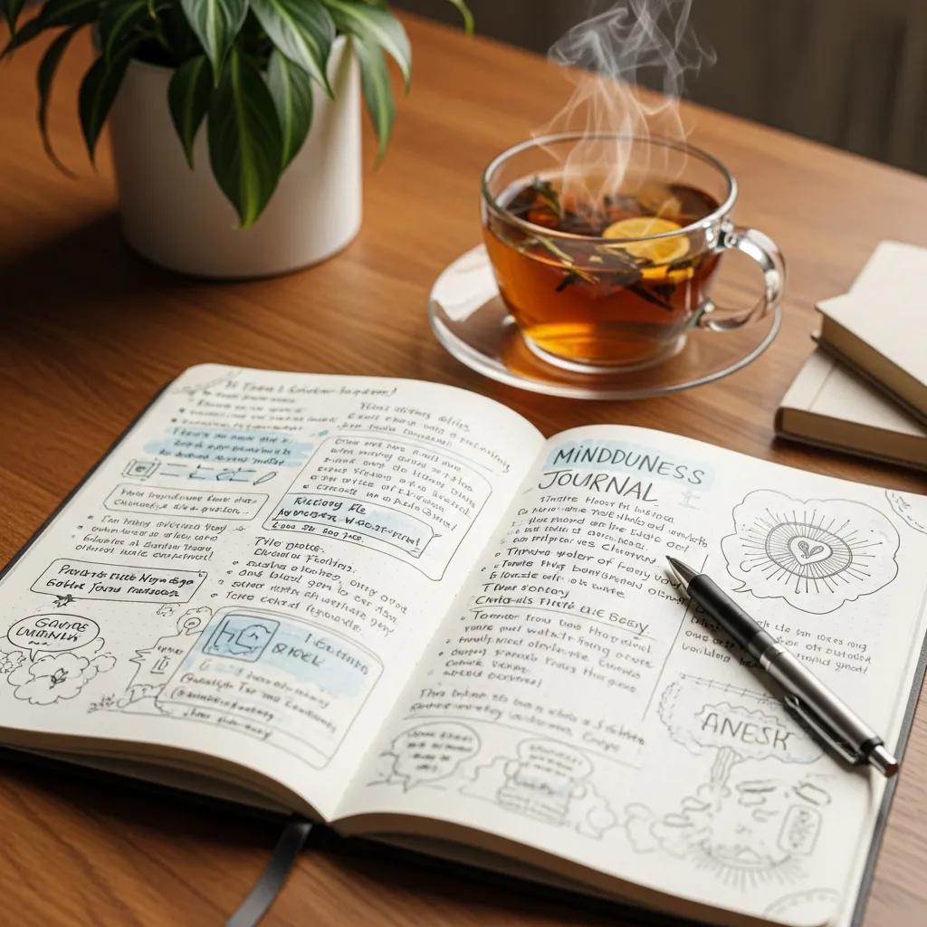 Open journal with mindfulness notes and a cup of tea on a wooden table