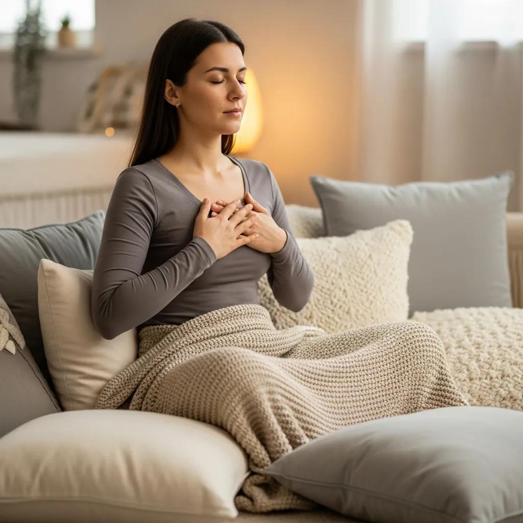 Person demonstrating a breathing exercise in a cozy indoor setting