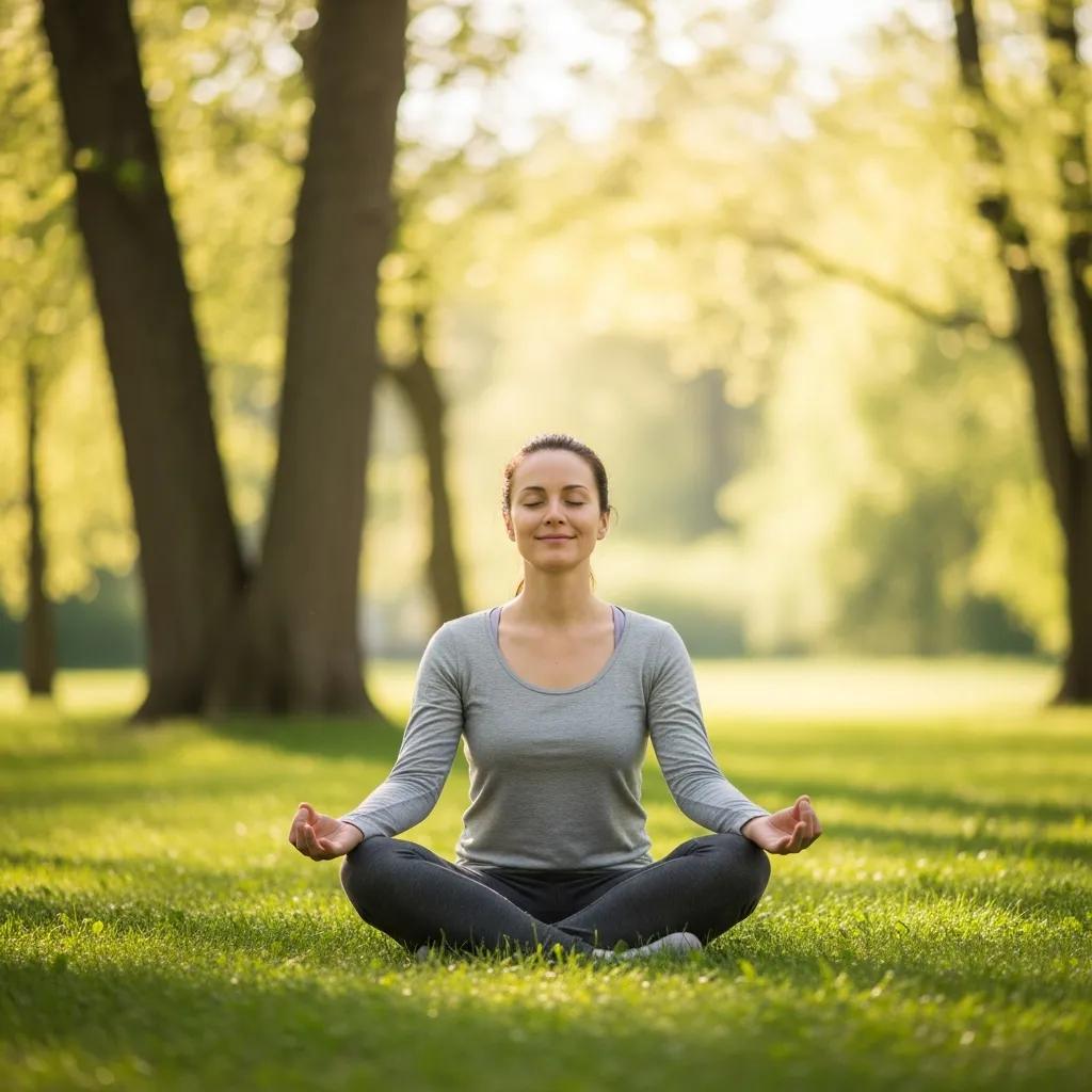 Person practicing mindfulness outdoors in a serene natural setting