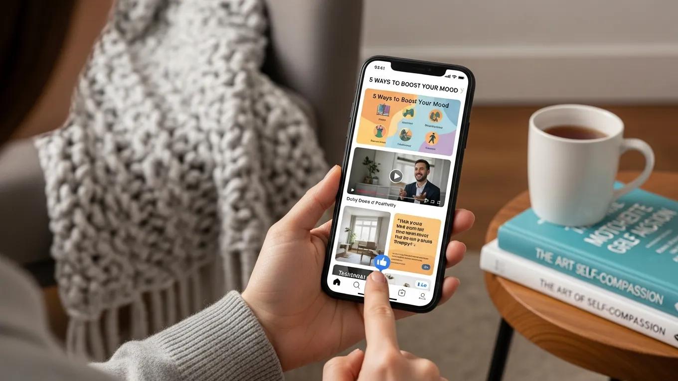 Smartphone displaying engaging social media posts about mental health, illustrating the role of social media engagement for therapists