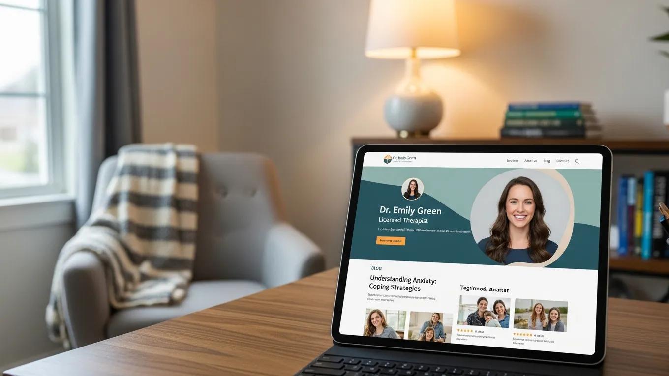 Tablet displaying a professional therapy website, highlighting design benefits for client engagement