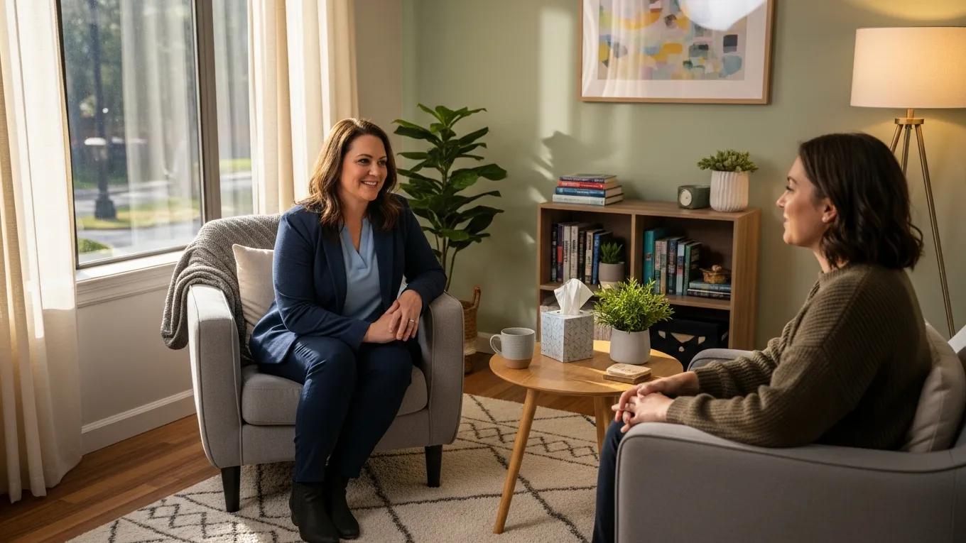 Therapist and client in a cozy therapy office, emphasizing the importance of mental health care